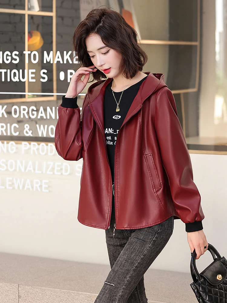 Nouvelles femmes veste en cuir décontractée printemps automne mode à capuche fermeture éclair fendu en cuir vêtements d'extérieur amples court en peau de mouton hauts manteau