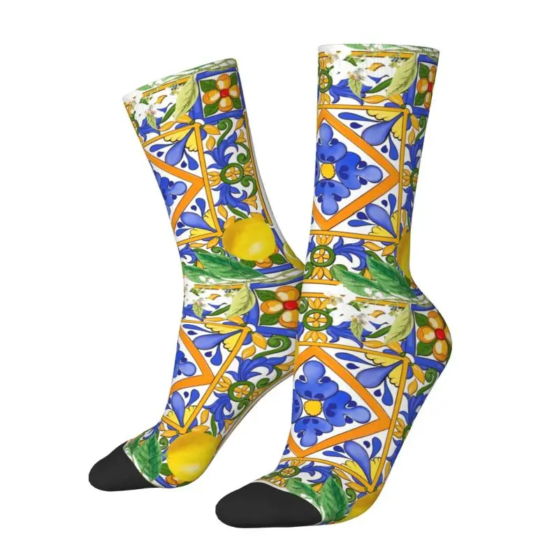 Custom Cute Mediterranean Summer Lemons Citrus Sicilian Tiles Socks Men Women Warm 3D Printing Sports Football Socks