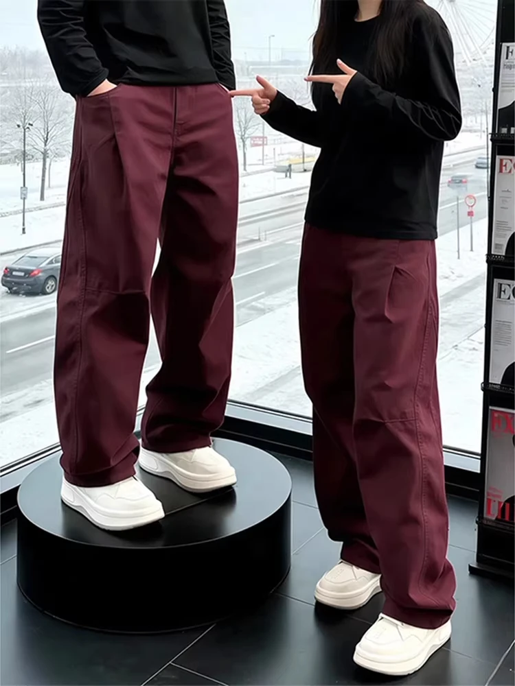 Loose Straight American Sle Workwear Pants Men's Autumn Spring Wine Red Folded Knife Wide Leg Trousers Casual Faion