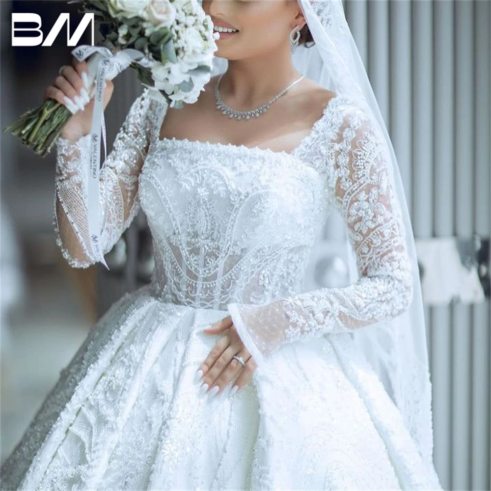 Luxury Embroidered Bride Dress With Square Collar Corset Long Sleeve Ball Gown Wedding Dresses For Women Indicate Beads Bride