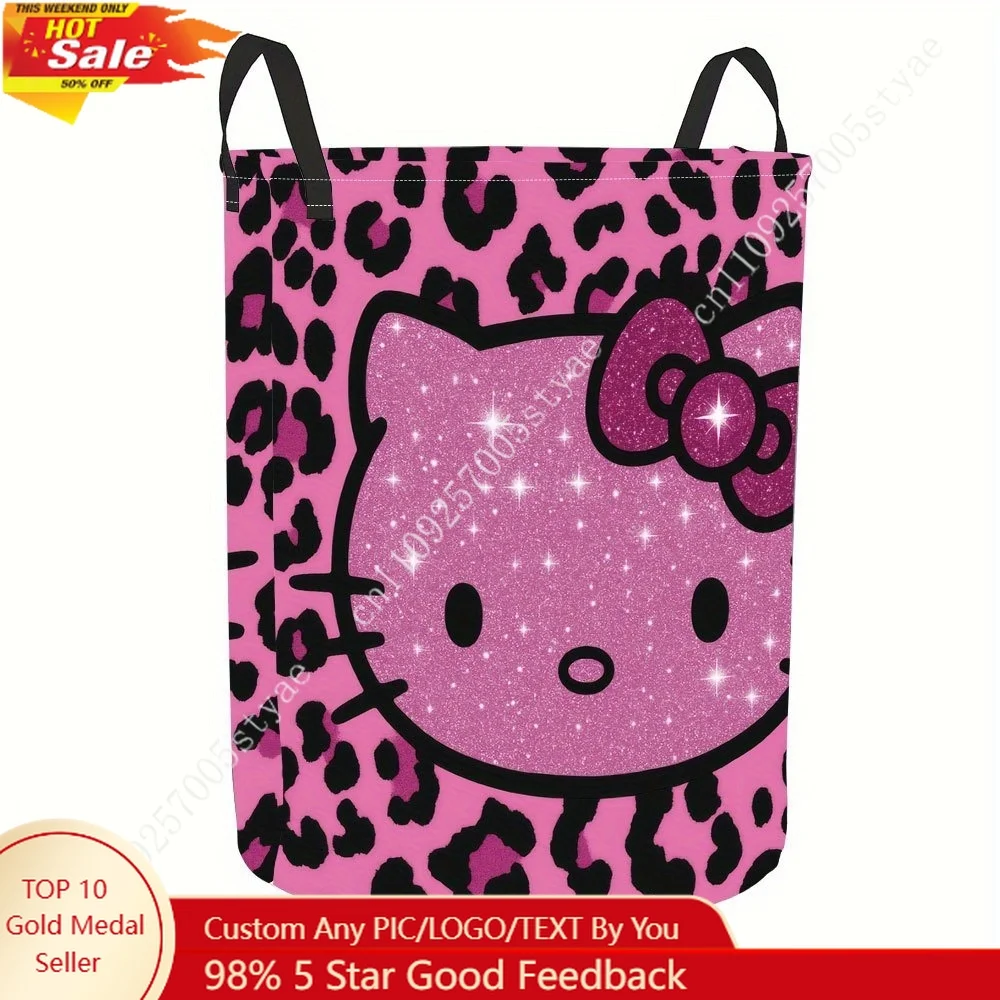 Sanrio Hello Kitty Pink Leopard Print Sparkle Laundry Basket with Iconic Hello Kitty Face Bow Cute Hamper for Bedroom