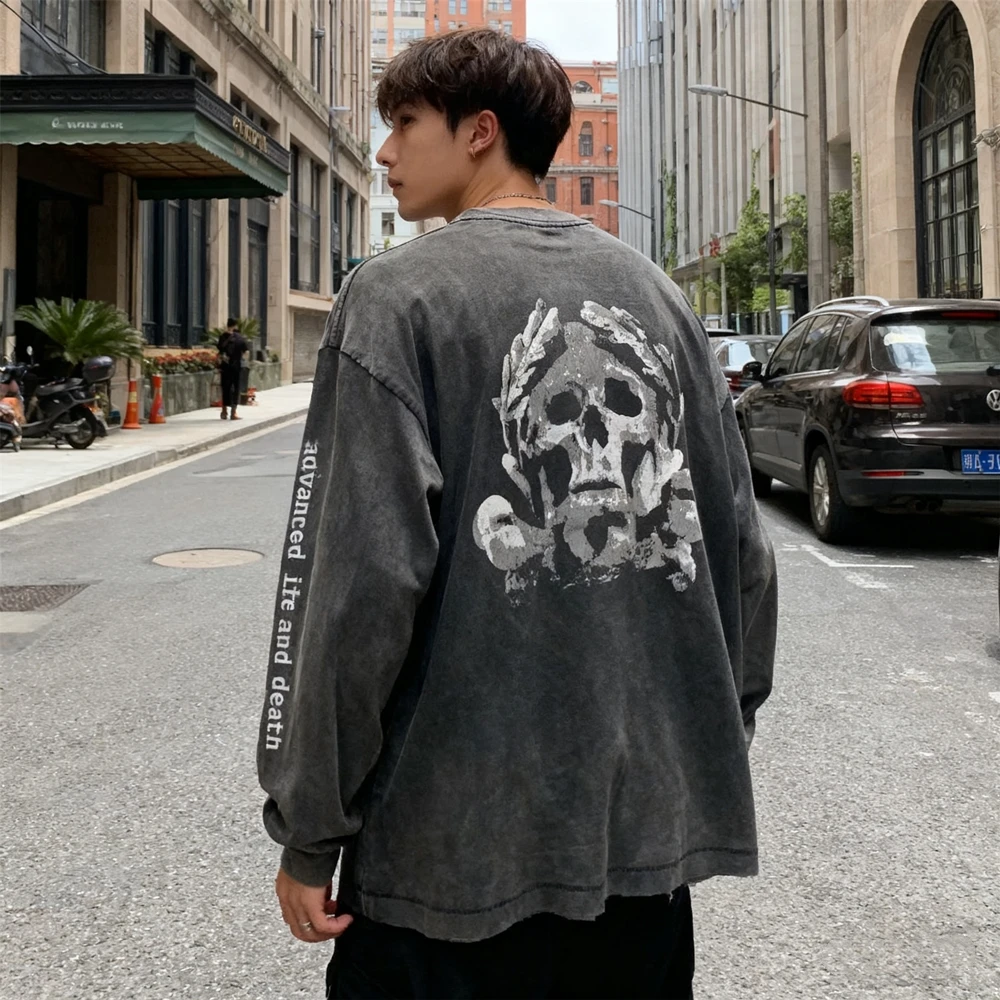 

KUCLUT 1:1 Fashion Hole Tops Vintage Clothing Casual Oversize Long Sleeves Tee Loose 100%Cotton T Shirt Men Woman