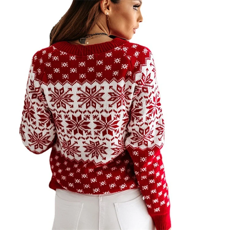 Women Sweater Christmas Snowflake Knitted Long Sleeve O Neck Ladies Jumper Fashion Casual Winter Autumn Printed Pullover Clothes