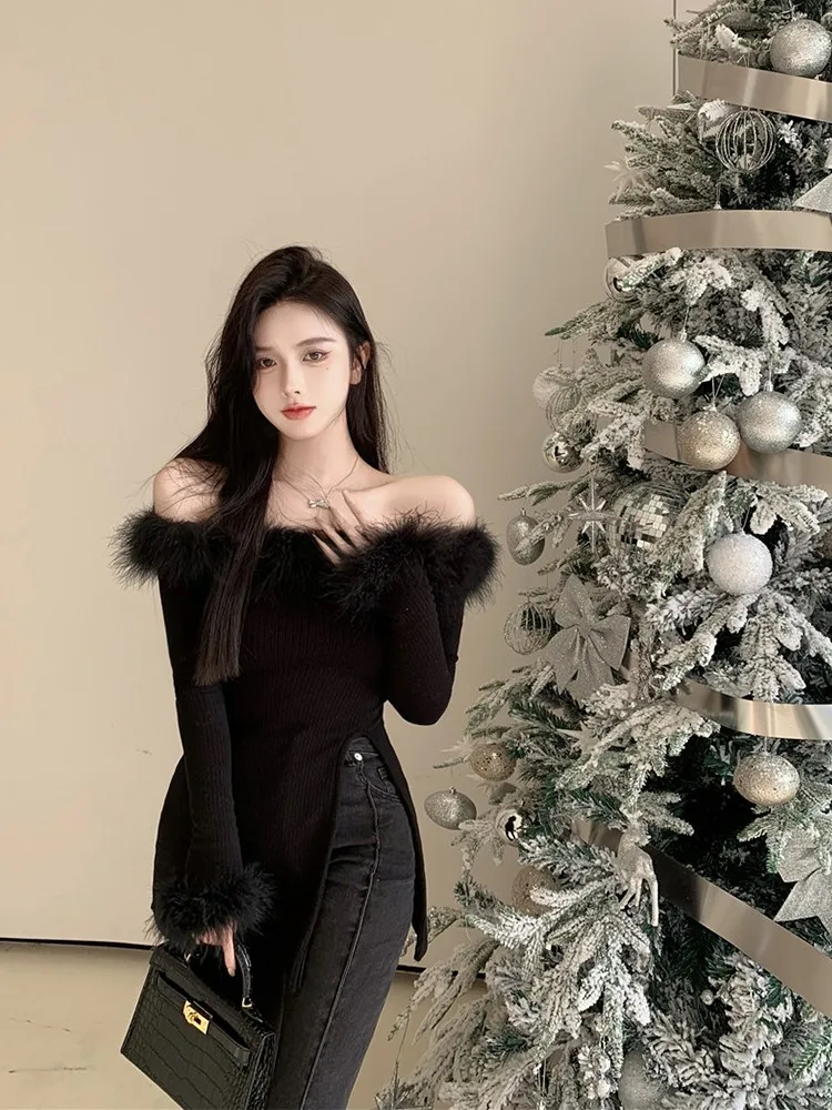 

plus Size oulder Bared Sweater Long Sve Women's Faion Slit Design High Waist Slimming Sle Korean Version Autumn Wear