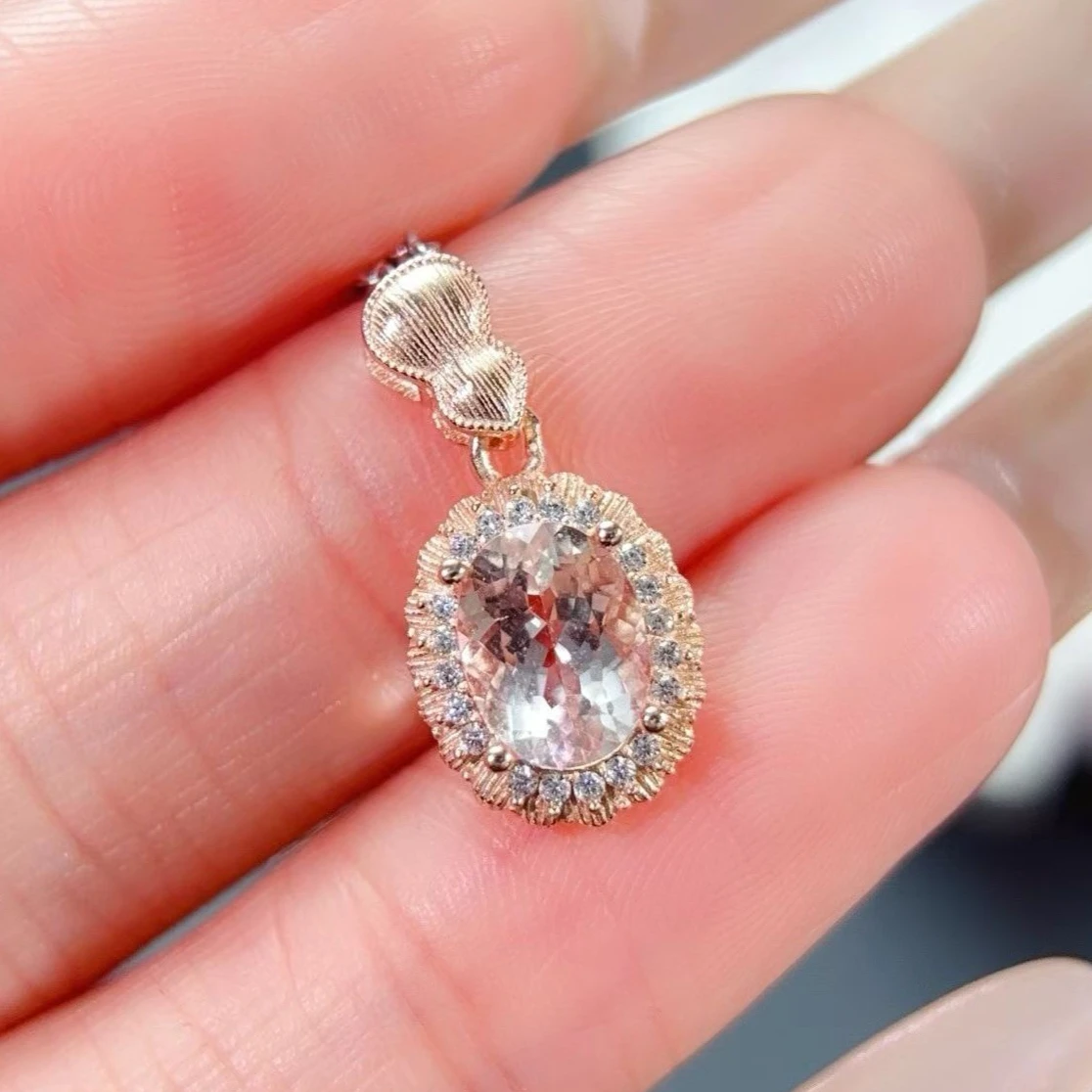 

Natural Morganite Pendant with Certificate Solid 925 Silver 6mm*8mm 1ct Genuine Morganite Necklace Pendant with 18K Gold Plated