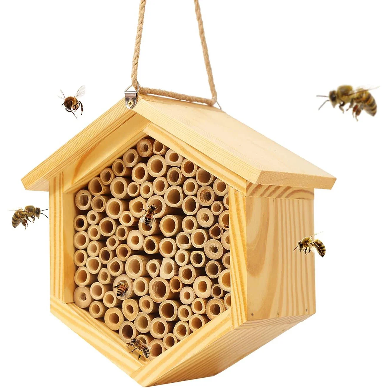 Natural Handmade Wooden Mason Bee Box Residential Home With Bamboo Tube Quiet Bee Pollinator Wood Nuc Bee Box