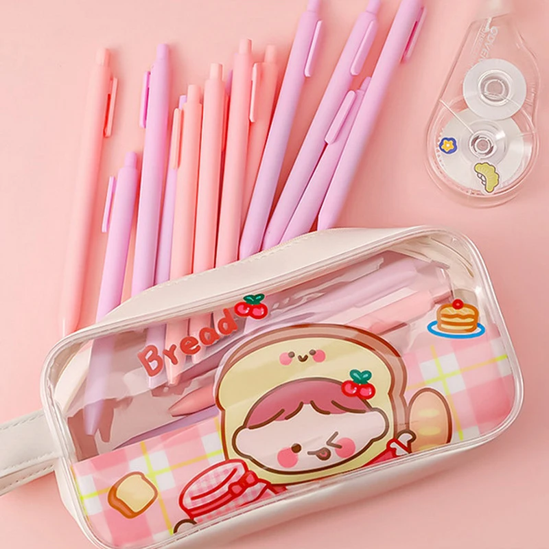 Cute Sweetheart PVC Handheld Pen Case Storage Stationery Bag Simple Pencil Box Transparent Large Capacity Pencil Case Kids Gift