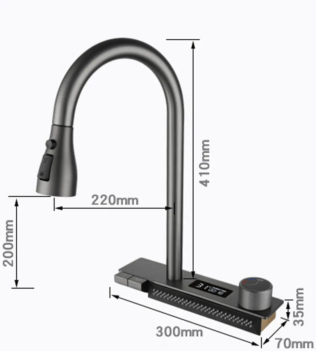 Keukenkraan Met Pull-Down Sproeier Hoogboog Enkele Met Temperatuurweergave, Regenwaterval Keuken