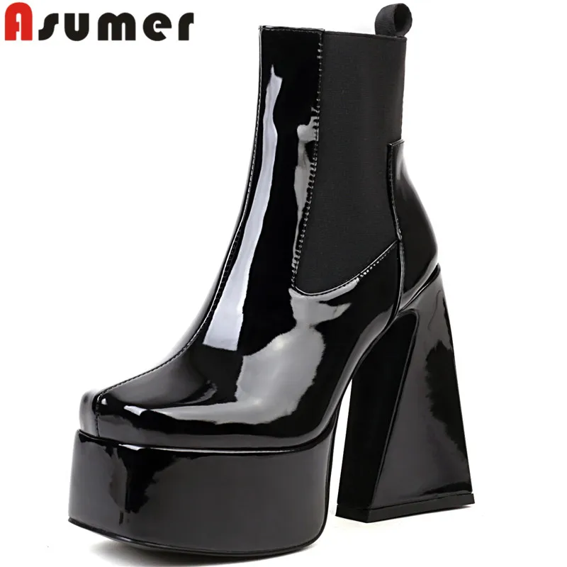 ASUMER 2024 taglia 35-46 nuovi stivaletti in pelle verniciata Slip On stivali con tacco alto spessi donna scarpe con plateau invernali da donna