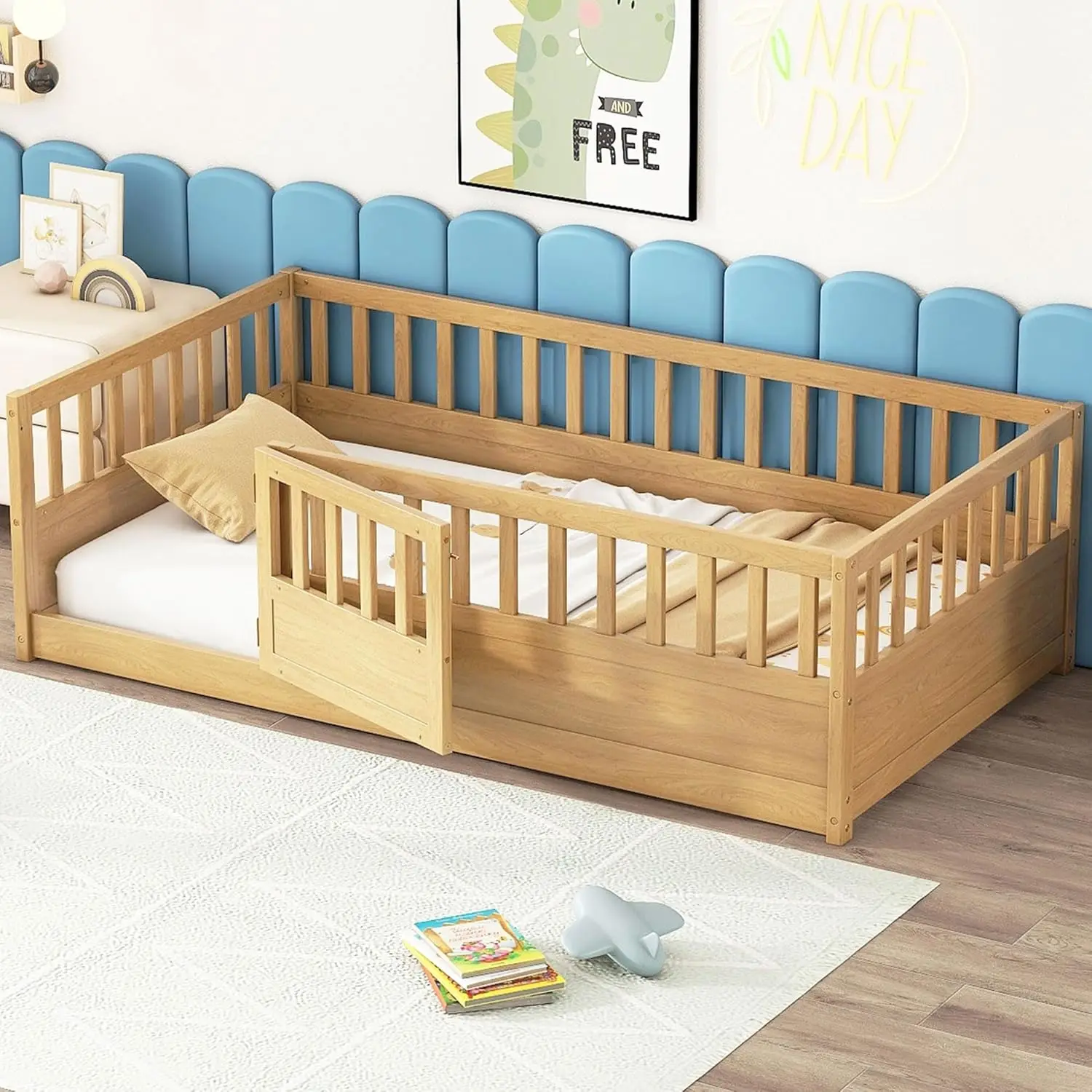 High Fence and Door, Kids Bed Twin Size, Wood Montessori Bed for Kids, Girls, Boys, Kids Montessori Floor Bed Twin Size(Natural