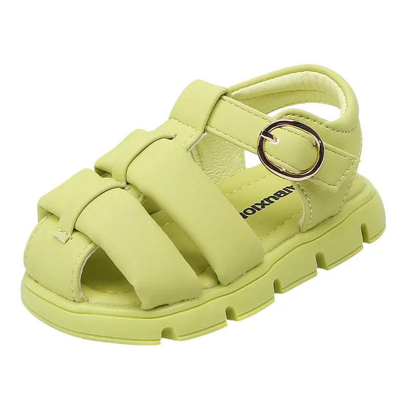 

12-16cm Kids Sandals Solid Green Beige Boys Girls Closed Toe Summer Shoes 0-3Years Soft Rubbler Sole Children Beach Sandal