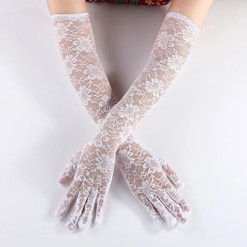 Elegant Wedding Bridal Long Gloves Hollow Lace Finger Bride Bridesmaid White Black Gloves Women Opera Gloves