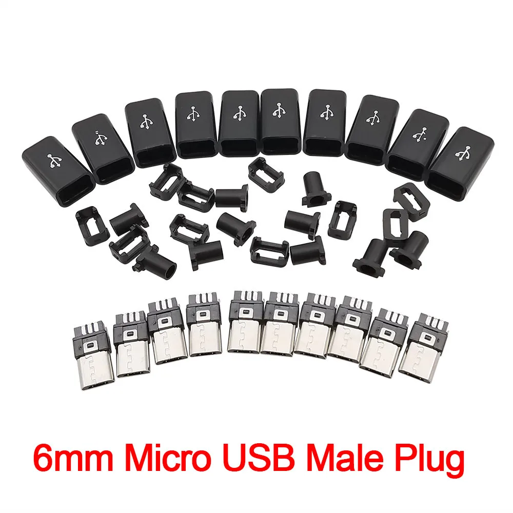 

10Pcs 6mm Micro USB Connector 4 in 1 Micro USB Welding Type Male 5Pin Plug DIY Tail Charging Socket Connector With Plastic Cover