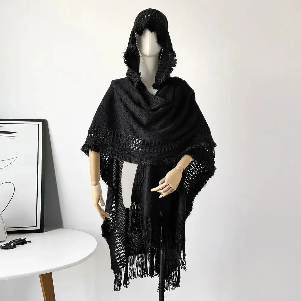 

Elegant Solid Color Tassel Hoodie Shawl Tassel Wram Knitted Wrap Women Cloak Travel