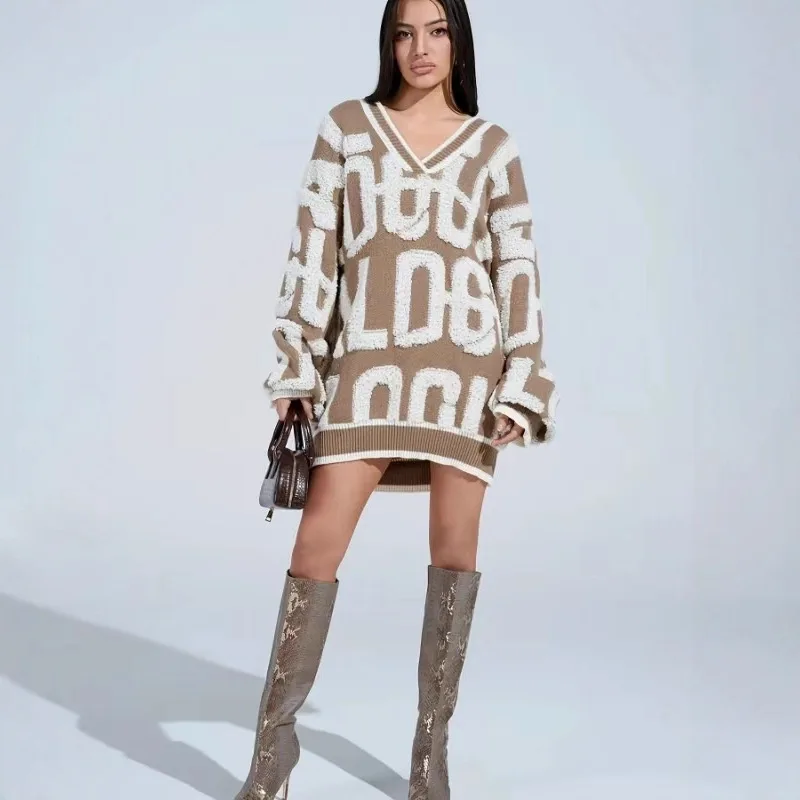 Herfst Temperament Woon-werkverkeer Dames Halflange Gebreide Trui Modieuze Letter Geborduurde Losse Losse Trui Met Lange Mouwen