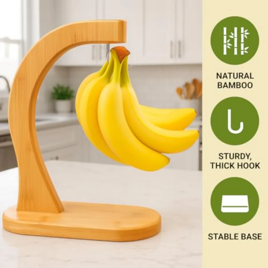 JapanBargain Bamboo Banana Hanger Stand Wooden Countertop Banana Hook Holder for Kitchen Storage Display