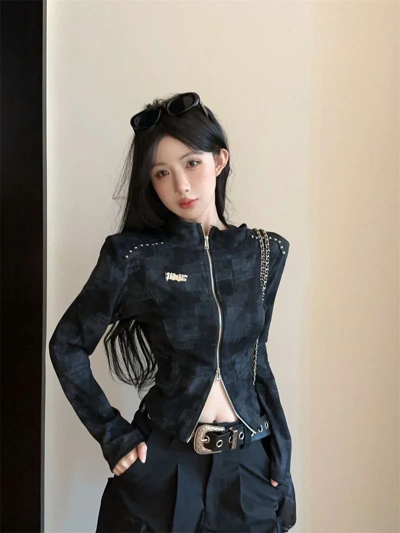 Real shot 2025 Women's American Y2K Vintage Streetwear Tie - dye Chic Zipper Cardigan, Stand Collar, Edgy Rivets Patch, Slim Cro