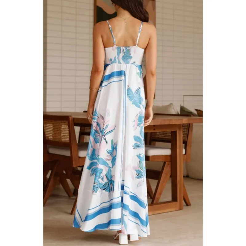 เซ็กซี่Backlessพิมพ์ลายดอกไม้Sundress 2025 ฤดูร้อนใหม่สปาเก็ตตี้Strape HighเอวA-Line Bohoชุดยาวผู้หญิงวันหยุดชุด