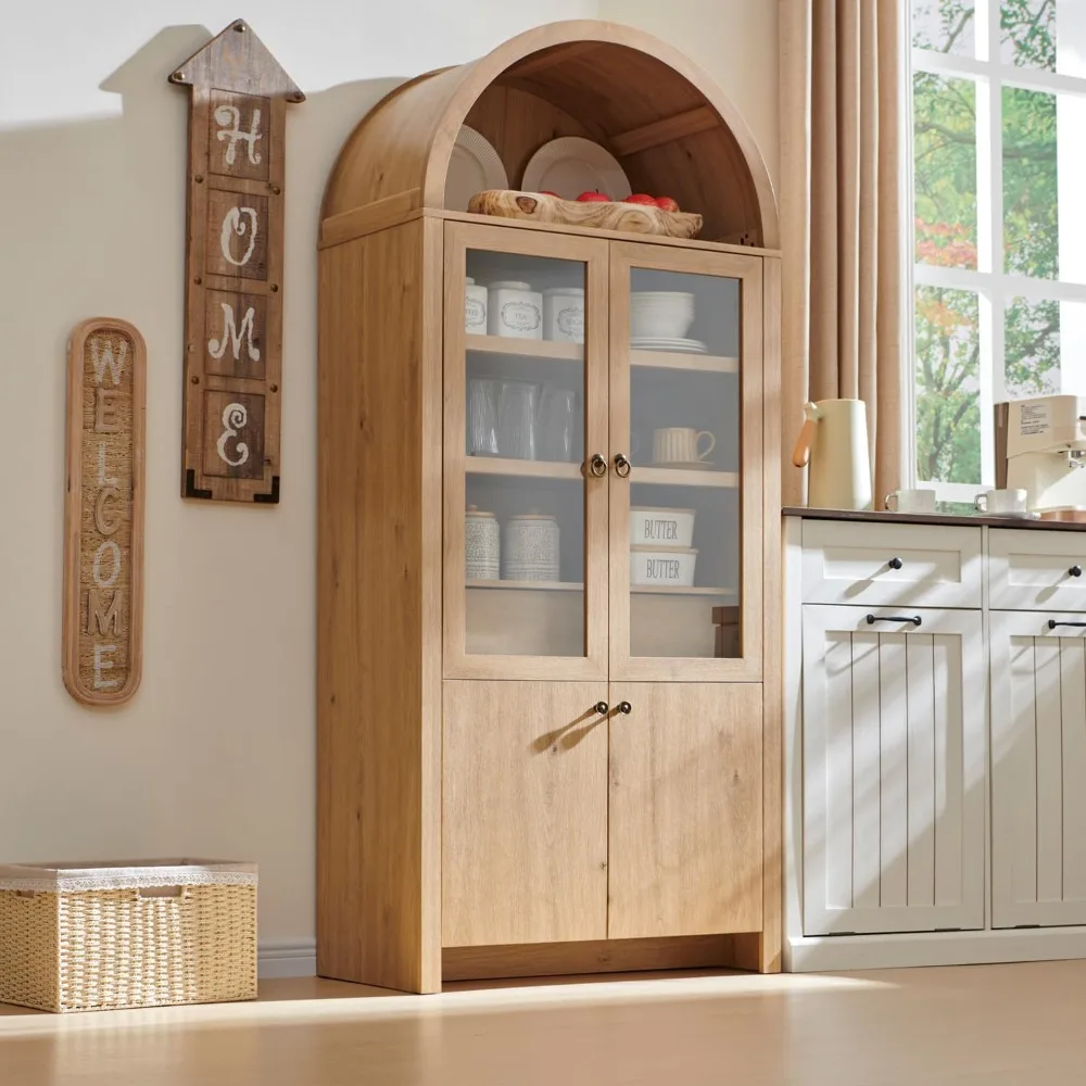 Arched Kitchen Pantry Cabinet, Modern Farmhouse Kitchen Storage Cabinets with Open & Adjustable Shelves, Hidden Drawer