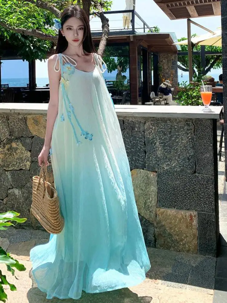 

Summer Fashion Blue Gradient Sexy Backless Lace-up Sleeveless Slip Dress Women Elegant Loose Vacation Pleated Long Dresses Trend
