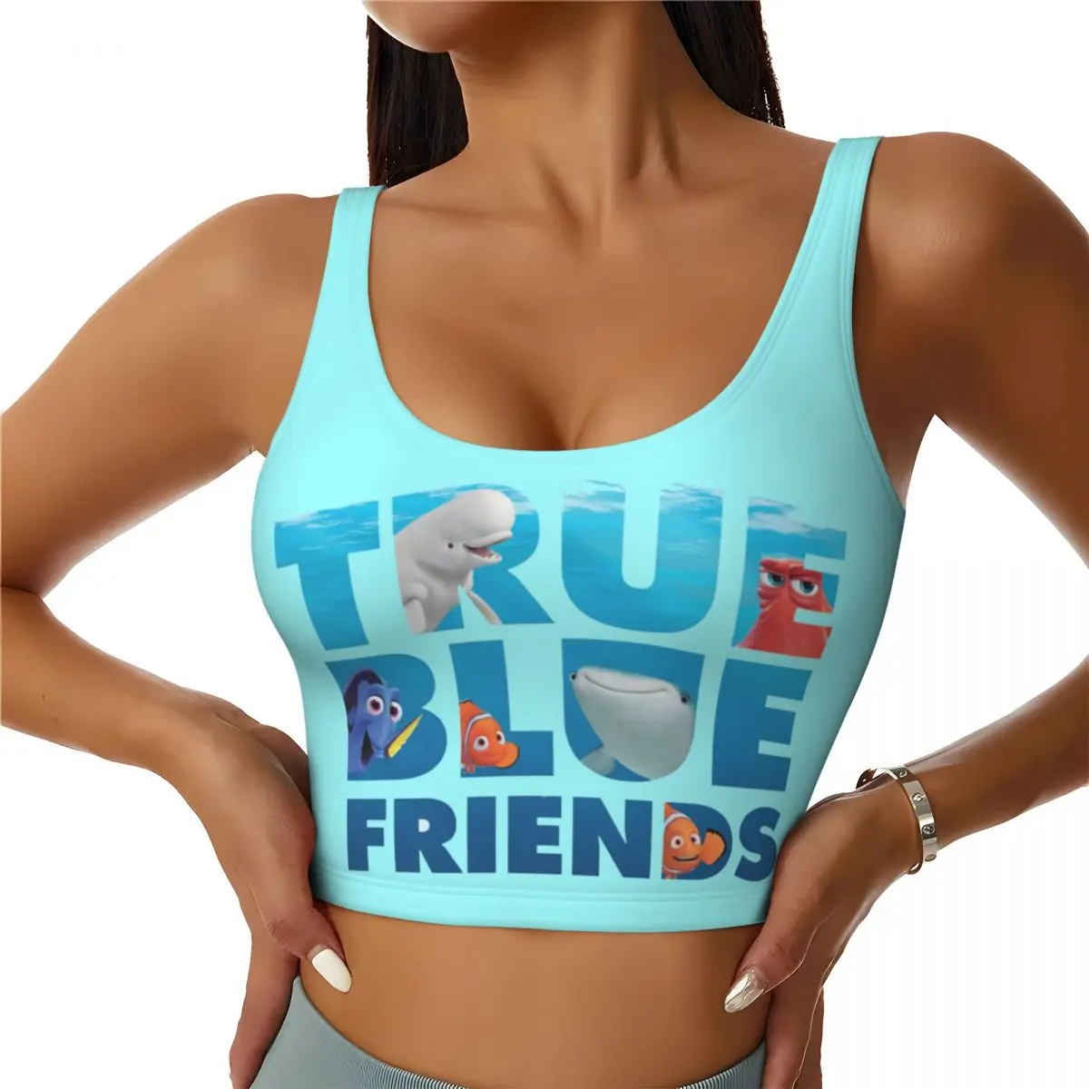 Custom High Impact Finding Dory True Blue Friends Sports Bra for Women Gym Workout Yoga Crop Top