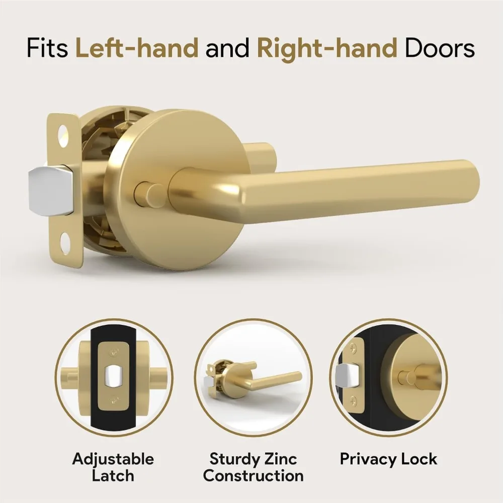 Heavy Duty Reversible Gold Interior Door Handles - 3 Pack Privacy Bed & Bath Door Hardware for Secure Access