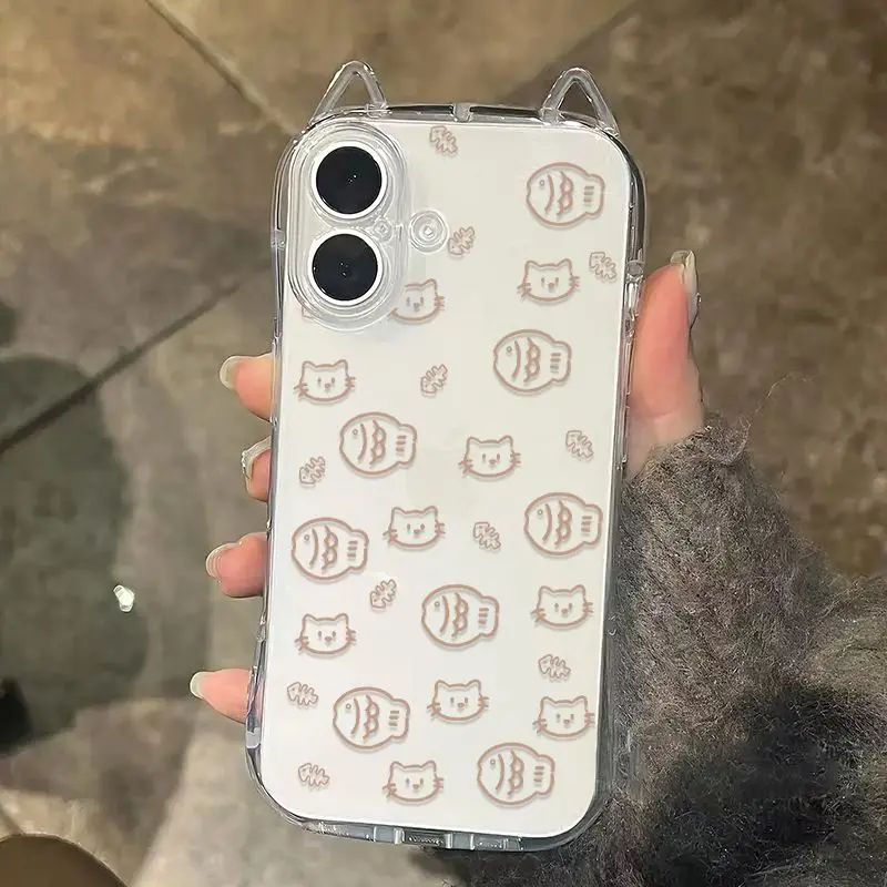 Custodia IPhone 15 Con Orecchie Di Gatto 3D – Morbida E Trasparente Con Motivo Luna E Zampette