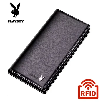 Carteira masculina PLAYBOY com zíper longo de couro de grande capacidade carteira de couro fino bolsa para cartão carteira protegida RFID