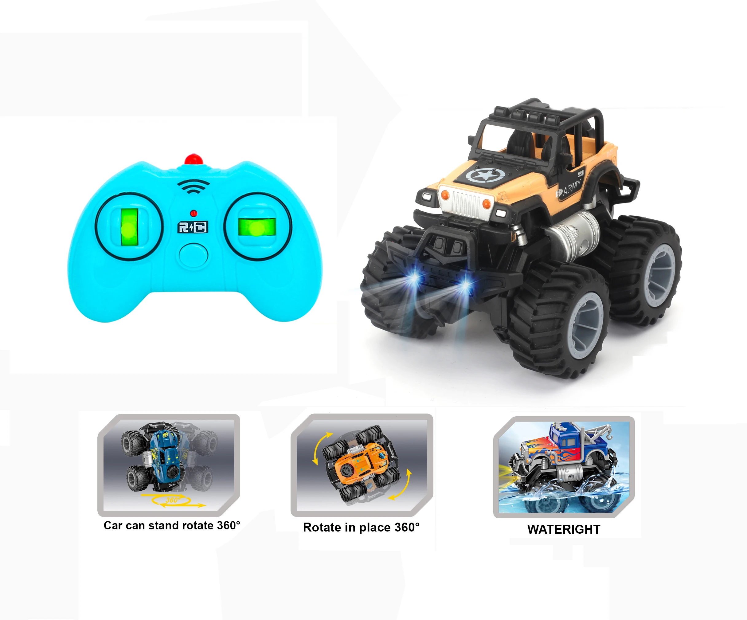 

2.4Ghz Remote Control Stunt Car with One-Button Demonstration Rotation, Off-Road Racing with Cool Lights, Climbing Car, Amphibious Vehicle, Holiday Gift for Friends