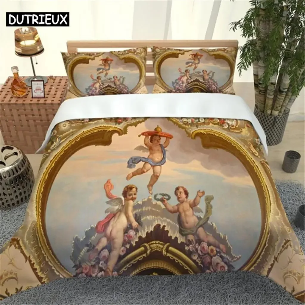 3D Angel Bedding Set Golden Luxury Bedclothes European Pattern Duvet Cover Retro Chain Comforter Cover 3 Piece for Girls Boys