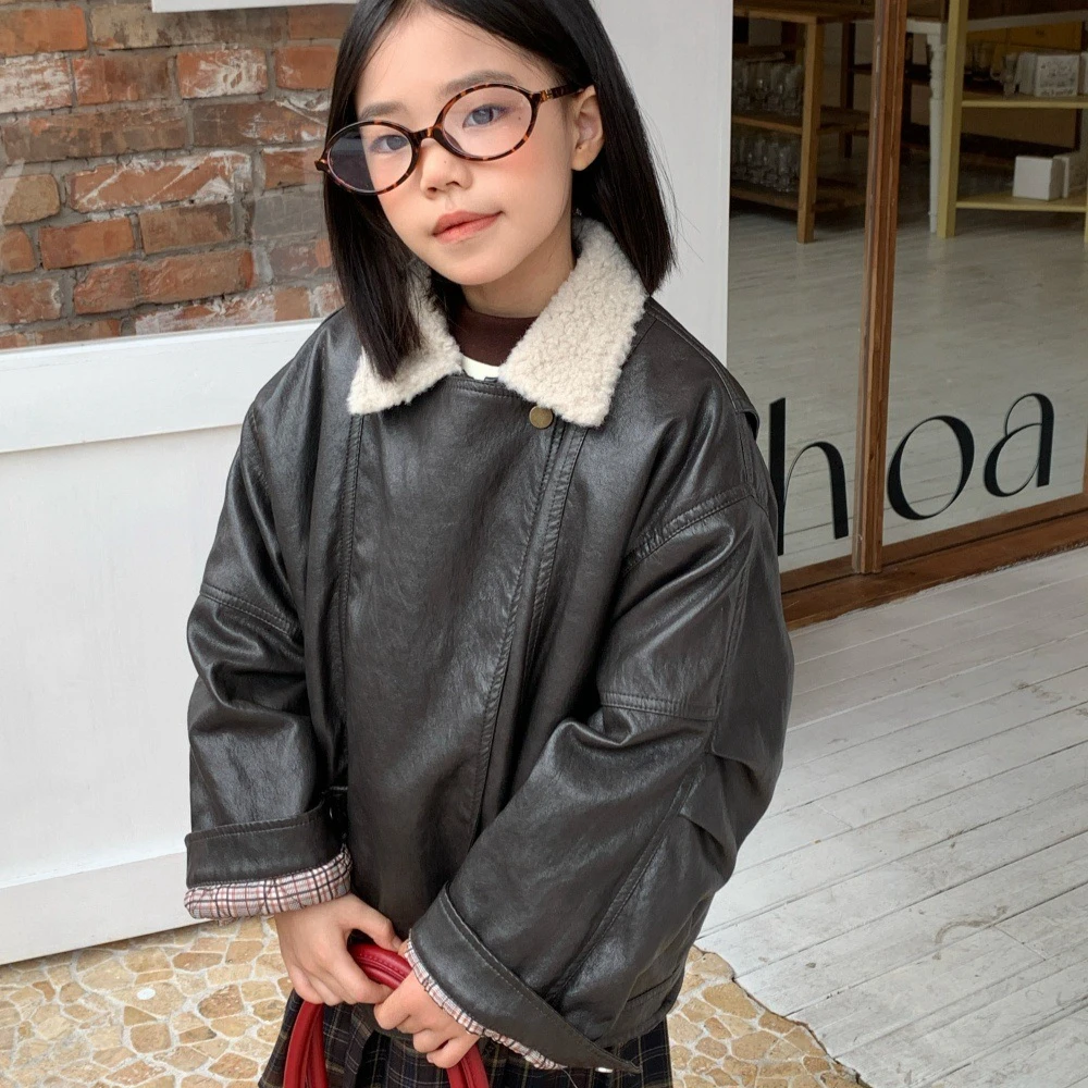 

Coat 2025 Autumn and Winter New Childrens Clothing Korean Style Boys and Girls Fashion Plus Velvet and Thick Loose Leather