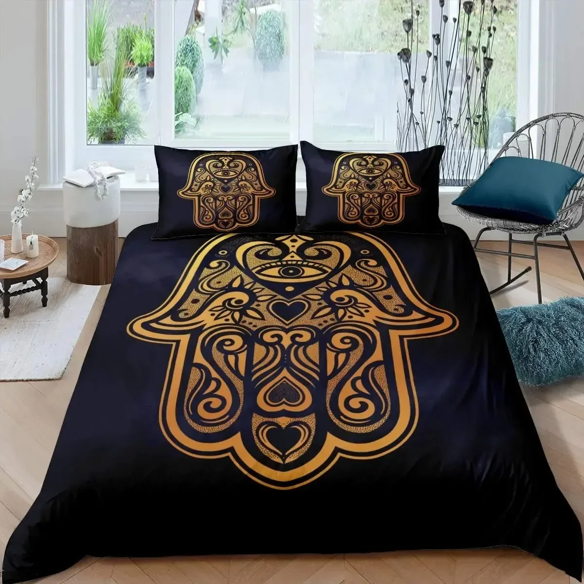 

Gold Hamsa Hand Boho Chic Mandala Comfortable Duvet Quilt Cover Pillowcase Bedding Set Children Bedroom Decoration Home Textile