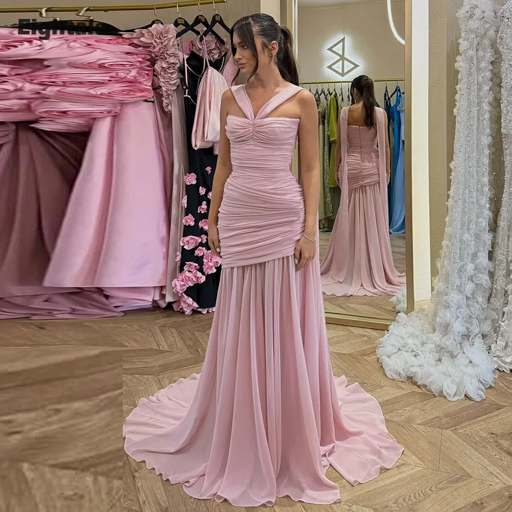 

Eightale Arabic Evening Dress V-Neck Pleats Chiffon off Shoulder Muslim Pleats Pink Sexy Prom Wedding Party Gown