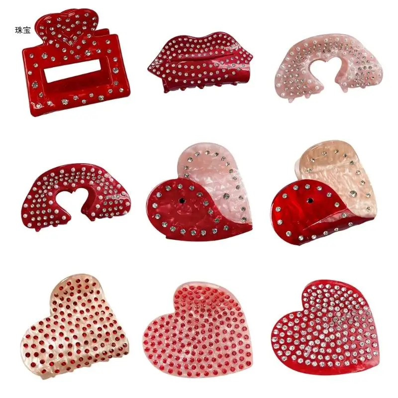 X5QE Rhinestones Heart Hair Clip Hair Claw Clip Strong Clasp Barrettes Nonslip Jaw Clip Daily Use Hair Claw for Ponytail Hair