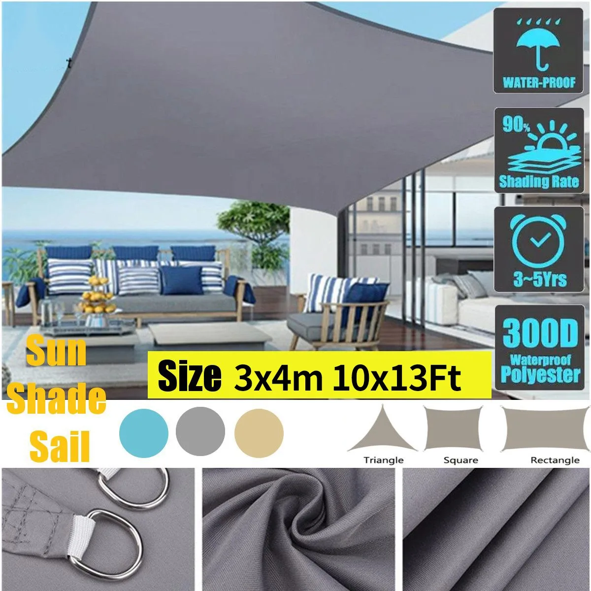 

RR-3X4M Waterproof Awning Sunshade Sun Shade Sail For Outdoor Garden Beach Camping Patio Pool Sun Shelter-10X13ft