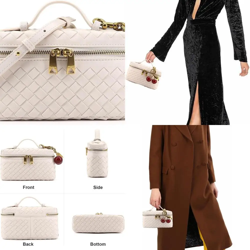 

Women's Trendy Crossbody Bags - Small Leather Top Handle Purse with Cherry Charm (Beige)