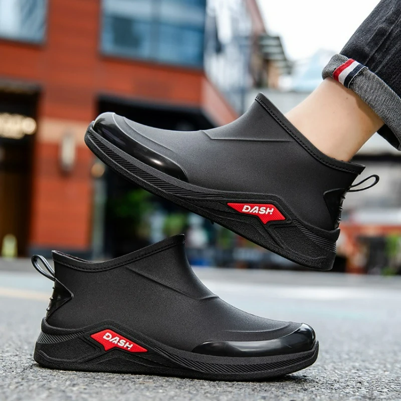 Men's Rain Shoes Waterproof Work Boots Fashion Outdoor Fishing Shoes Non-Slip Low Top Men Rubber Shoes Slip on Cotton Rain Boots view 3