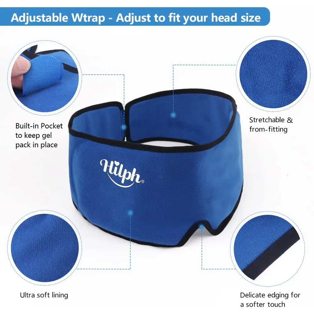 Head Ice Pack Wrap for Headaches Migraines Cold Hot Compress Therapy for Pain Stress Relief Blockout Lights Sleep Adjustable Cap