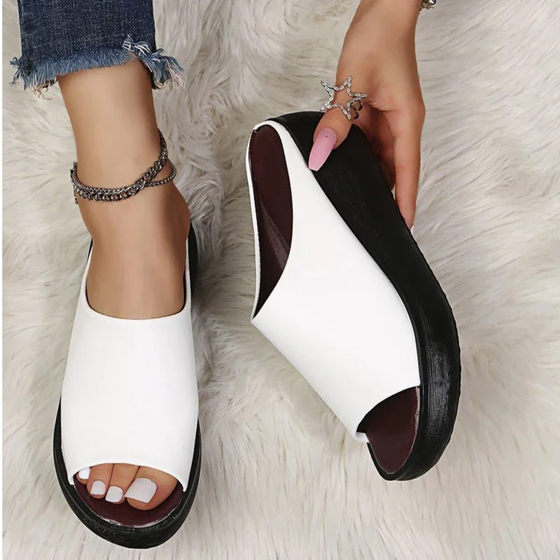 Women White Sandals Summer 2024 New Retro Wedge with Fish Mouth High Heels Thick Bottom Women\'s Shoes Large Size 44