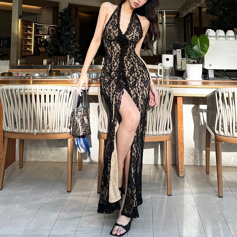 DSMTRC 2025 femme été Vintage Style Floral moulante volants robes élégant licou col en v longue robe robes décontractées Mujeres