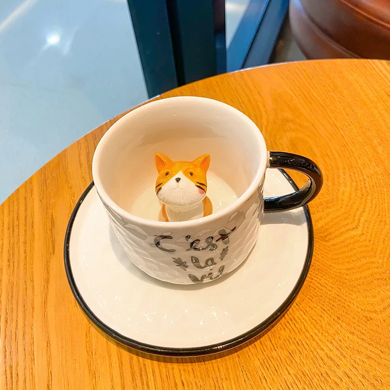 

Cute Cat Relief Ceramics Mug With Tray Coffee Milk Tea Handle Porcelain Cup Novelty Gifts 3D Animal Ceramic Mug Water Cup