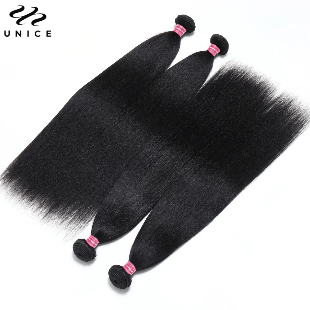 UNice Hair Yaki Straight Human Hair Bundles 100g Per Bundle 100% Human Hair Sew In Weaves 8-26 Inch Natutral Color 1/3/4 Bundles