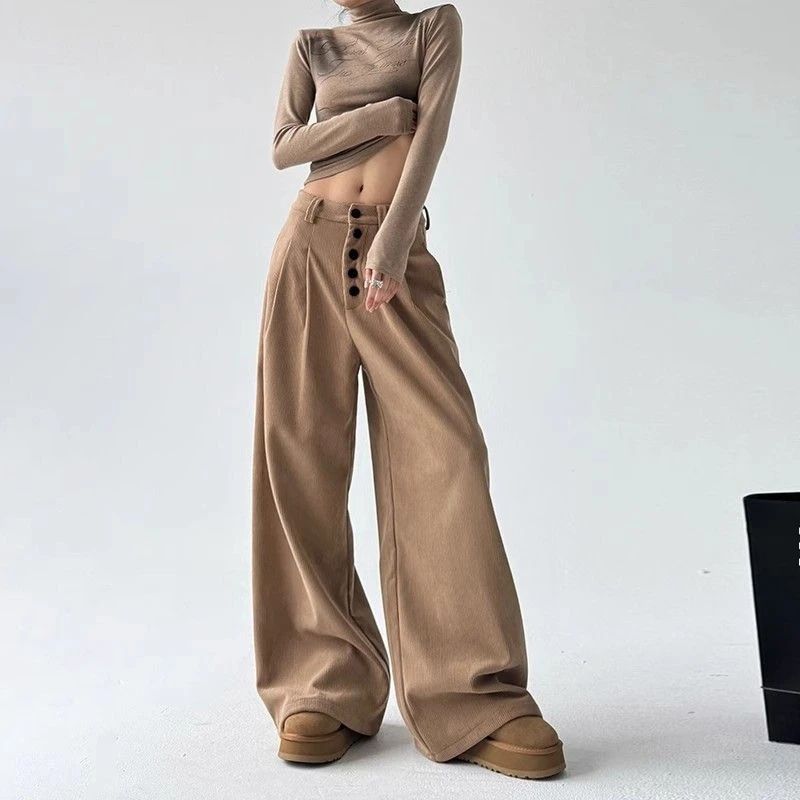 Retro Design Casual Pants for Women, New Style with Hanging Buckle, Loose and Wide Legs, Floor Length Pants