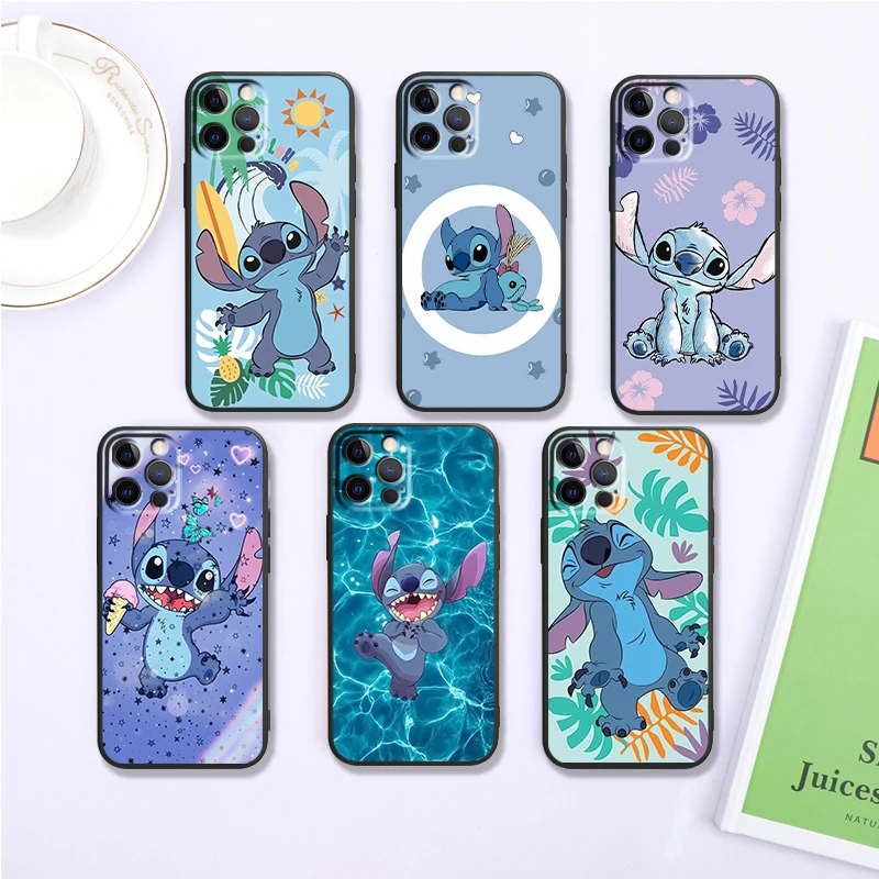 

Disney Stitch Cartoon For iPhone 15 14 13 12 11 XS XR X 8 7 SE Pro Max Plus Mini Black TPU Phone Case