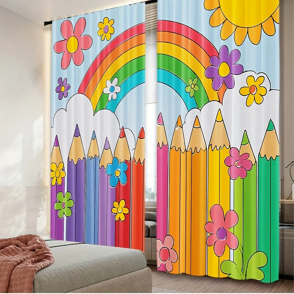 Rainbow Pencil Kids Curtains Colorful School Theme Drape with Flower & Cloud Print for Children Bedroom Window Decoration
