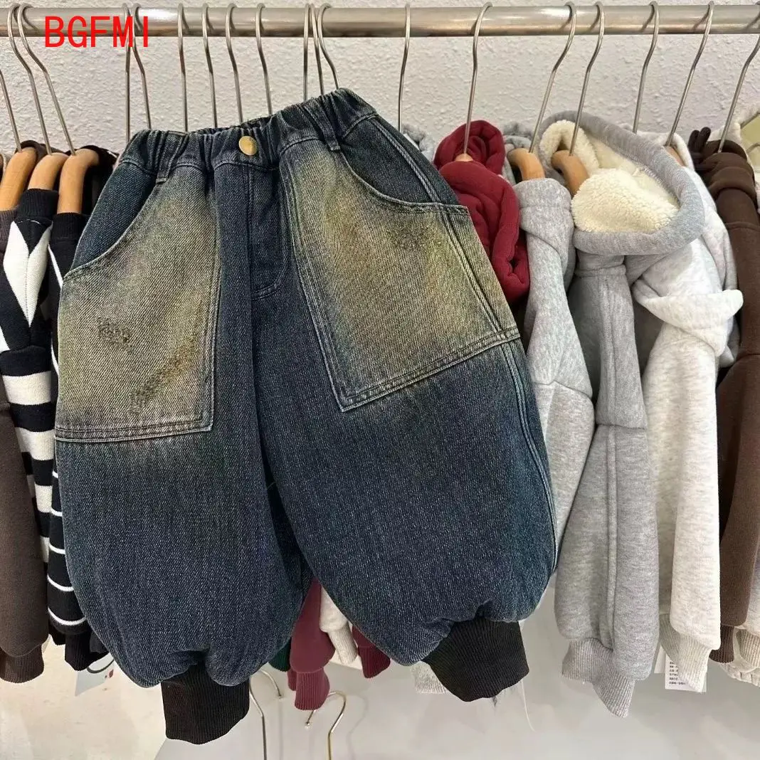 

Korean Kids Autumn/Winter Loose Navy Blue Childrens Velvet Jeans Plush Casual Baby Boys Elastic Pants Soft Thick Denim Trousers