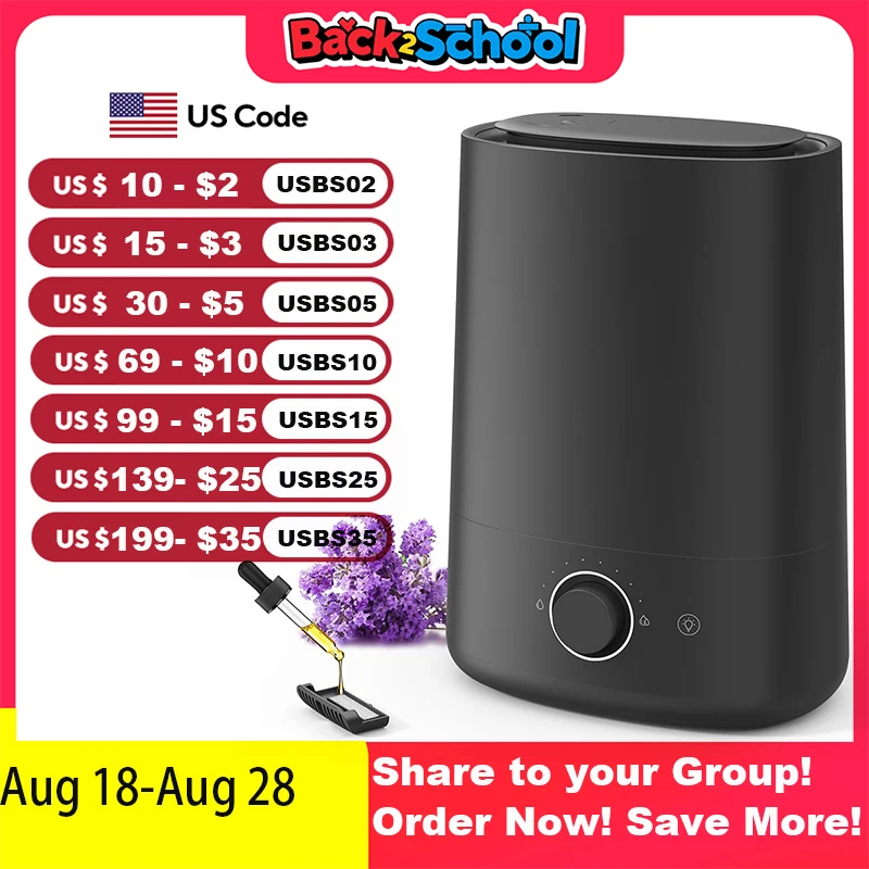 

Ультразвуковой увлажнитель 5 л 400 футов2, ароматизатор эфирного масла, 250 мл/ч, туман на 360 градусов для гостиной, спальни, офиса, 30 дБ