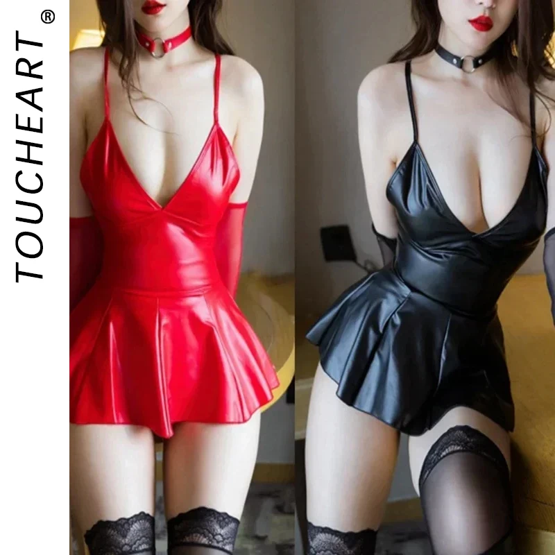 Toucheart Sexy Lingerie Latex Daring Dress Sexy Underwear PU Leather Erotic Lingerie Dress Porno Bodysuit Women Club Wear Dress