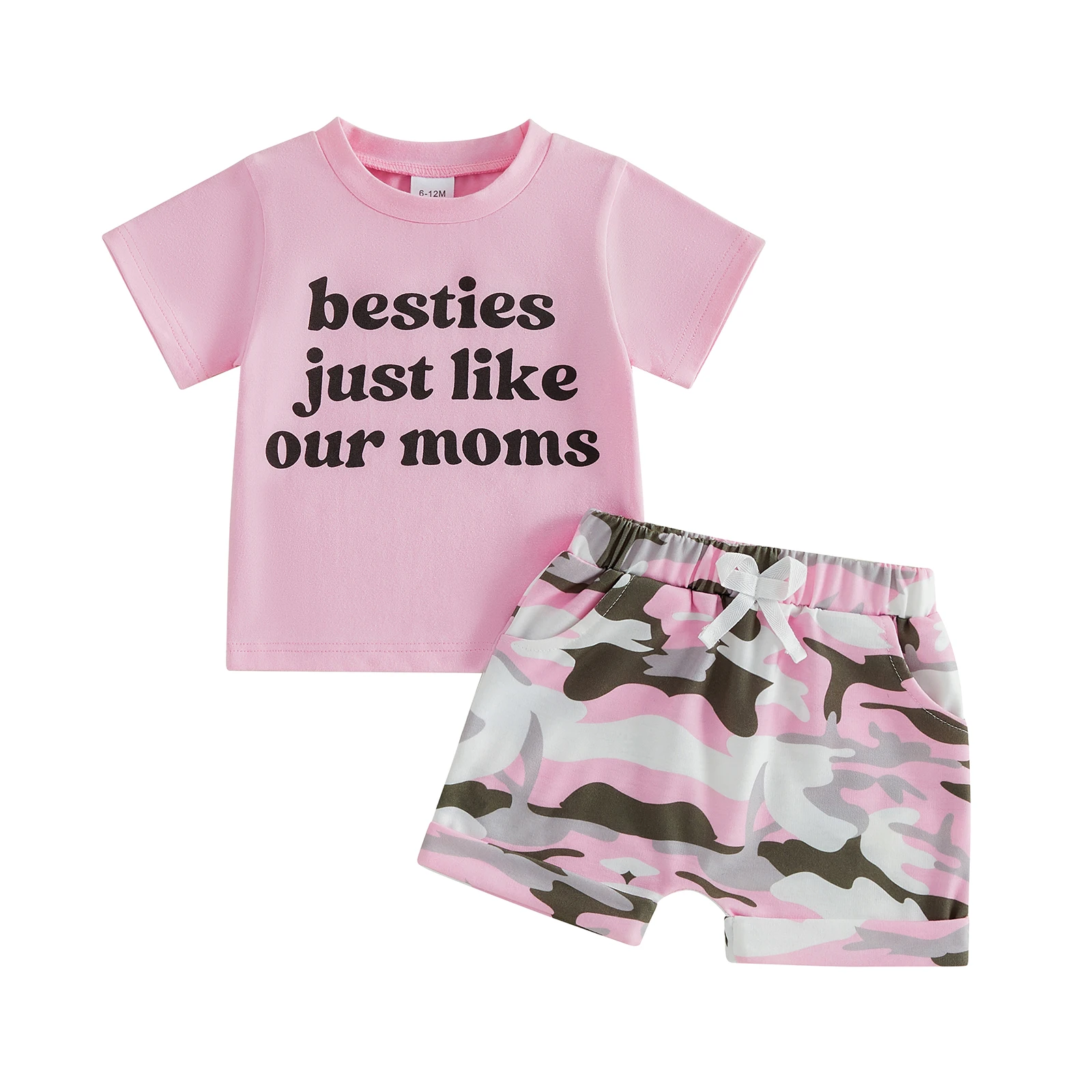 

Летние комплекты из 2 предметов для маленьких девочек, топы с короткими рукавами и круглым вырезом, топы с буквенным принтом, комплекты с камуфляжными шортами