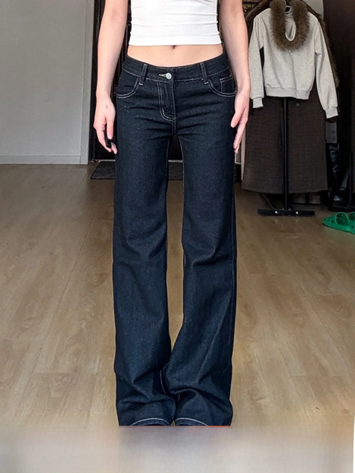 

Amyway Casual Versatile Retro Hot Girl Denim Jeans Women Loose Slimming Low Waist Straight Leg Wide Leg Pants Blue